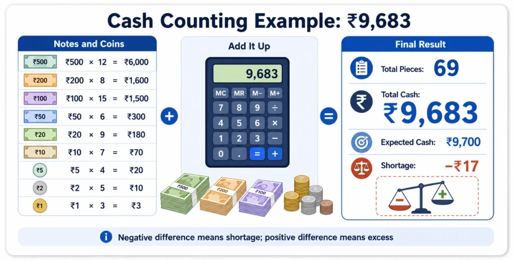Cash denomination calculation example showing 69 notes and coins totalling ₹9,683 with a shortage of ₹17.