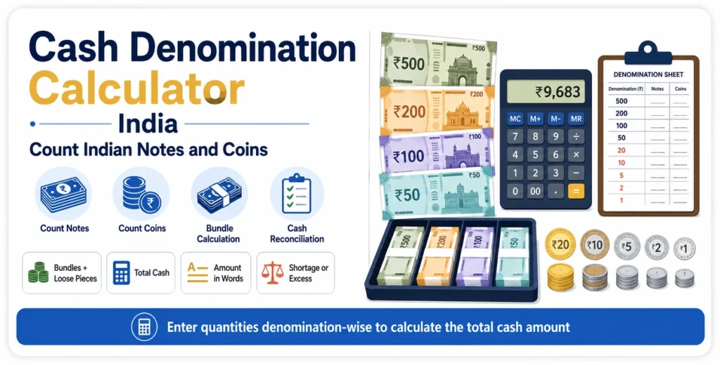 Cash Denomination Calculator India infographic showing Indian notes, coins, bundle counting and total cash calculation.
